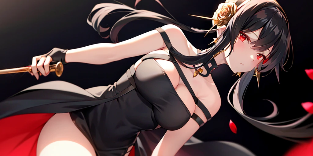 (((masterpiece))), ((best quality)), realistic lighting, HDR, ultra high quality, 4K, ray tracing, unreal engine, solo, 1girl, full body, expressive eyes, perfect face, black hair, ((bright red eyes)), ice queen expression, aggresive eyes, looking at the viewers, white skin, soft skin, medium breast, thighs, sleveless shirt, shirt, bare shoulders, black short skirt, in a dark royal palace with chandeliers fireplace and book rack, sitting on a desk, looking back, bare back, shoot from behind, shoot from below