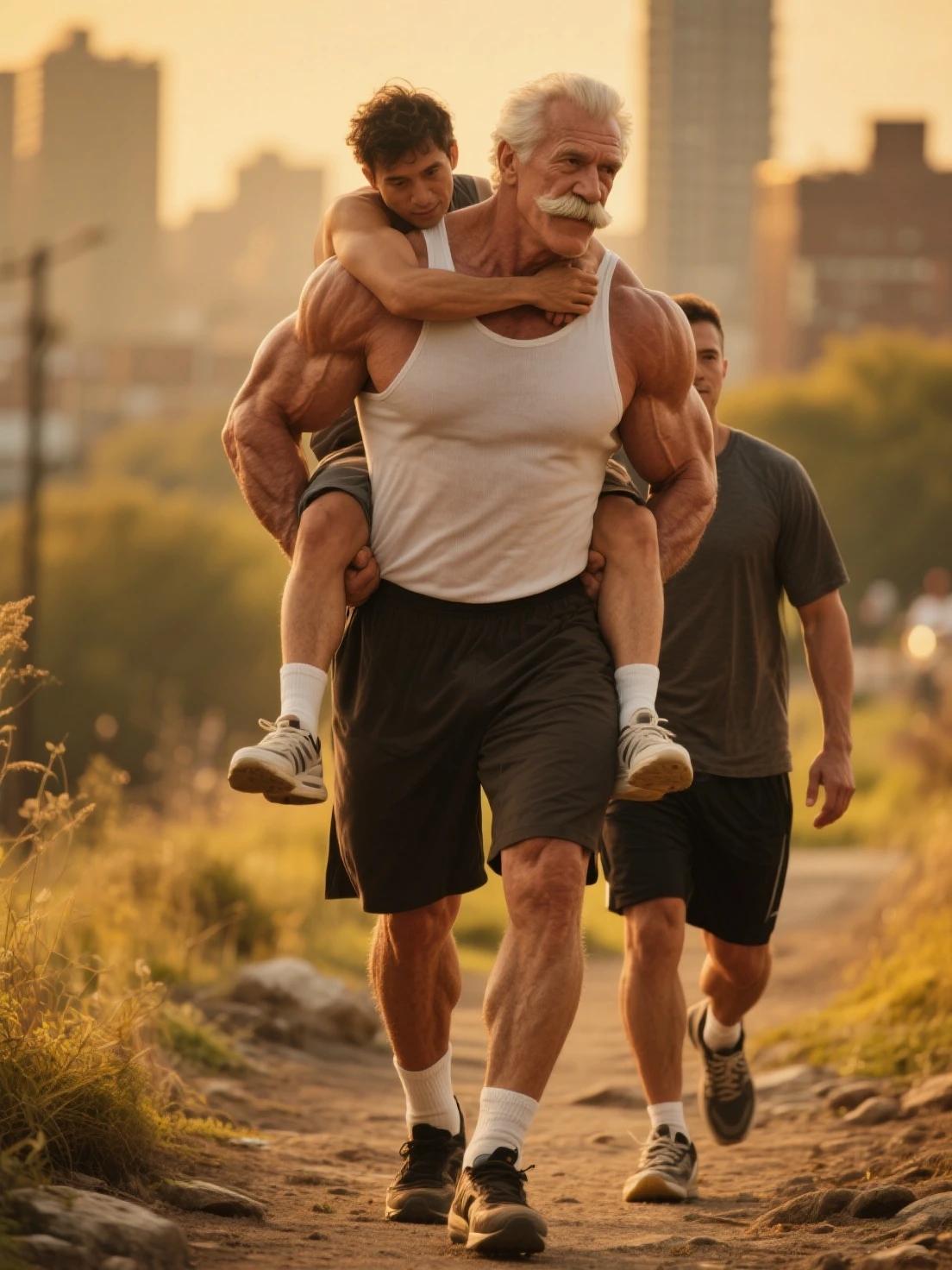 A muscular cat is walking with his child. Then, some bad people attack the cat. The gets scared, and the muscular cat fights them off. The starts crying, and the muscular cat tells him not to cry. The bad people get angry, and the muscular cat fights them off again and hands them over to the police.