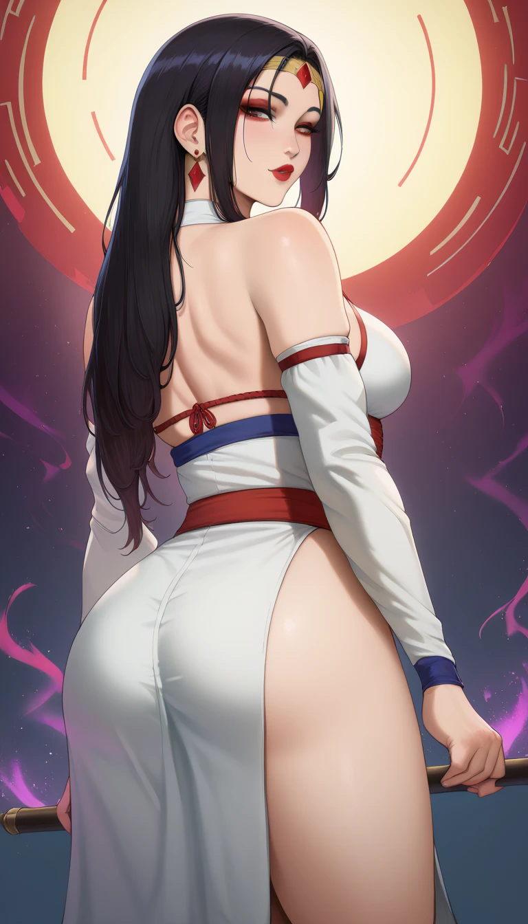 Hyuga Hinata, Bela, obra prima, extremamente detalhado, melhor qualidade, best ilumination, melhor sombra, rosto perfeito, olhos brancos brilhantes, cabelo azul escuro curto e com franja, usando o manto da Akatsuki, Byakugan, renegada, manto da Akatsuki, corpo inteiro, peitos grandes, dynamic posts, irritada, sensual, sexy, de costas para o expectador, ass towards the viewer, deitada na cama