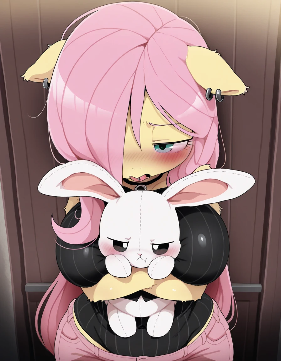 2 characters, A tall white rabbit woman with pink eyes and long light pink hair and white fur and a cotton tail and medium breast and thick thighs wearing a pure black bunny suit and fishnet stockings, and a fox man with gray fur and a big dick, woman is doing the standing splits, man is having sex with woman, clothes pushed aside, woman has heart pupils, night club, nsfw