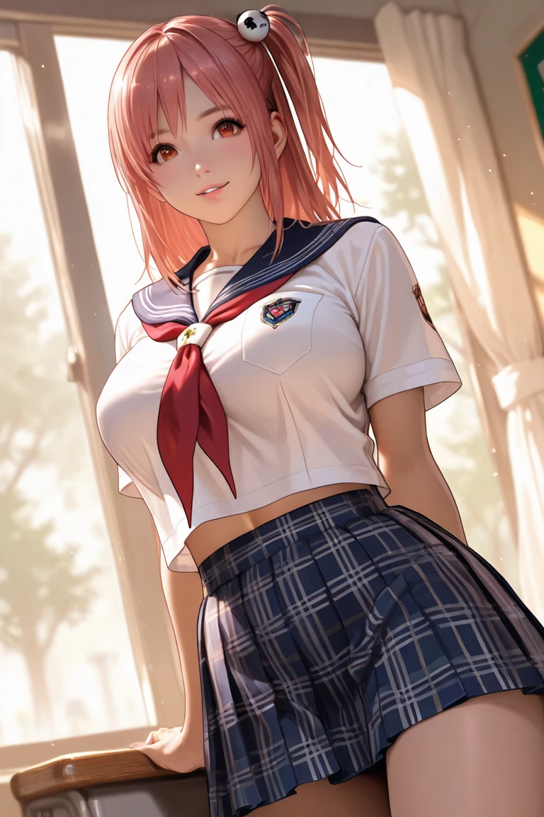 (best quality, 4k, 8k, highres, masterpiece:1.2), Pink Hair、Shorthair、breasts are beautiful and big。There is a large tree。Step on that big tree with your legs spread to the left and right.。Please lie down on the tree and sleep。and smile、Support your body with your hands in front of you。high quality sailor uniform、