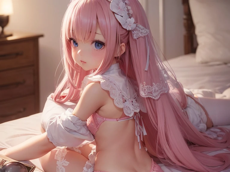 Anime girl in lingerie lying flat on bed,seductive anime girls,beautiful and seductive anime woman,Beautiful anime girls,Anime Barbie with white stockings,beautiful alluring anime ,Smooth anime CG art,beautiful anime woman,Anime goddess,Guviz-style artwork,Guviz,Trends on CGSTATION,Güvez on the Pixiv art stage,pink hair,blush on,shylily,spread legswide,white stockings,Expose the soles of your feet,hands above head,Lick the