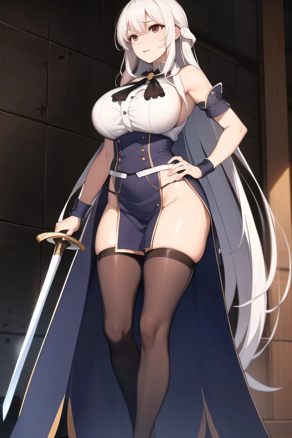 LalaMM, black sclera, colored skin, 1 huge ahoge, alone, huge breasts, cleavage, whole body, sexy body,