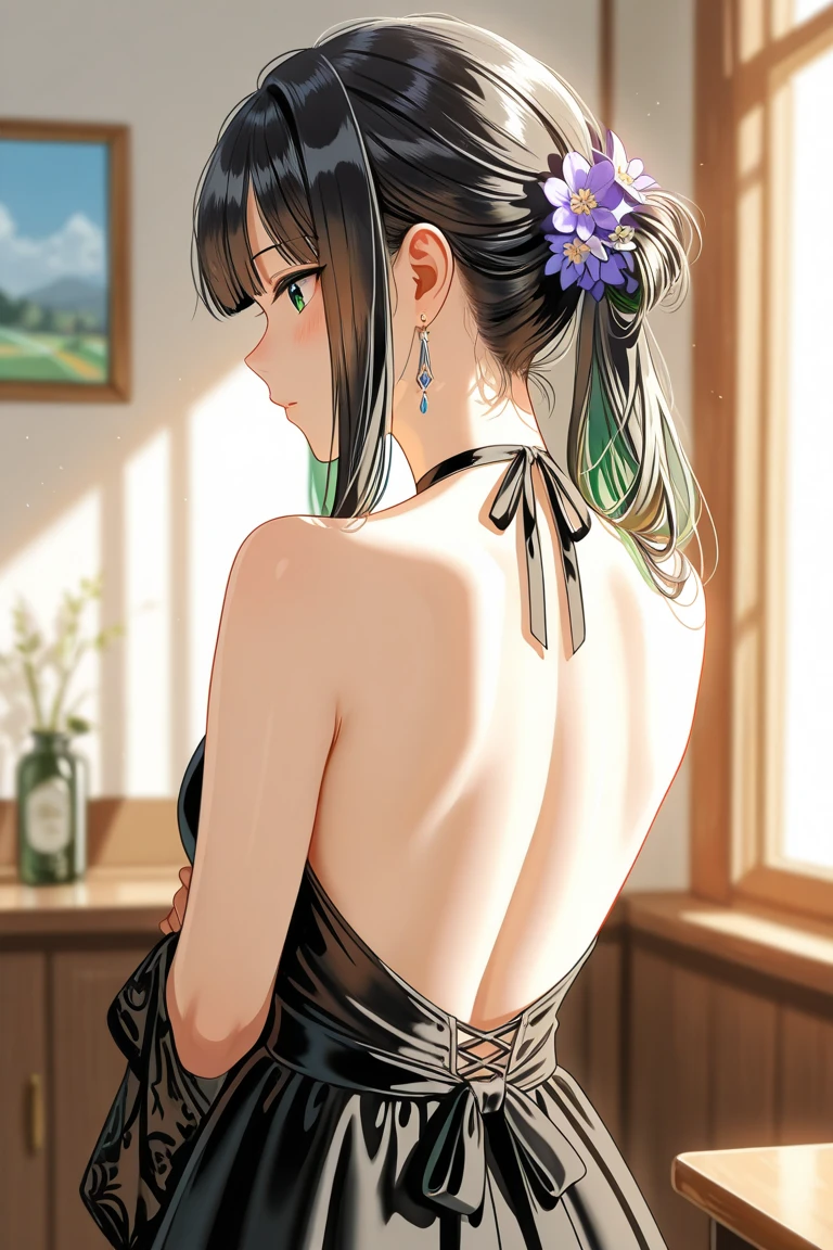 backless outfit,masterpiece,purple hair,green eyes,cat girl,