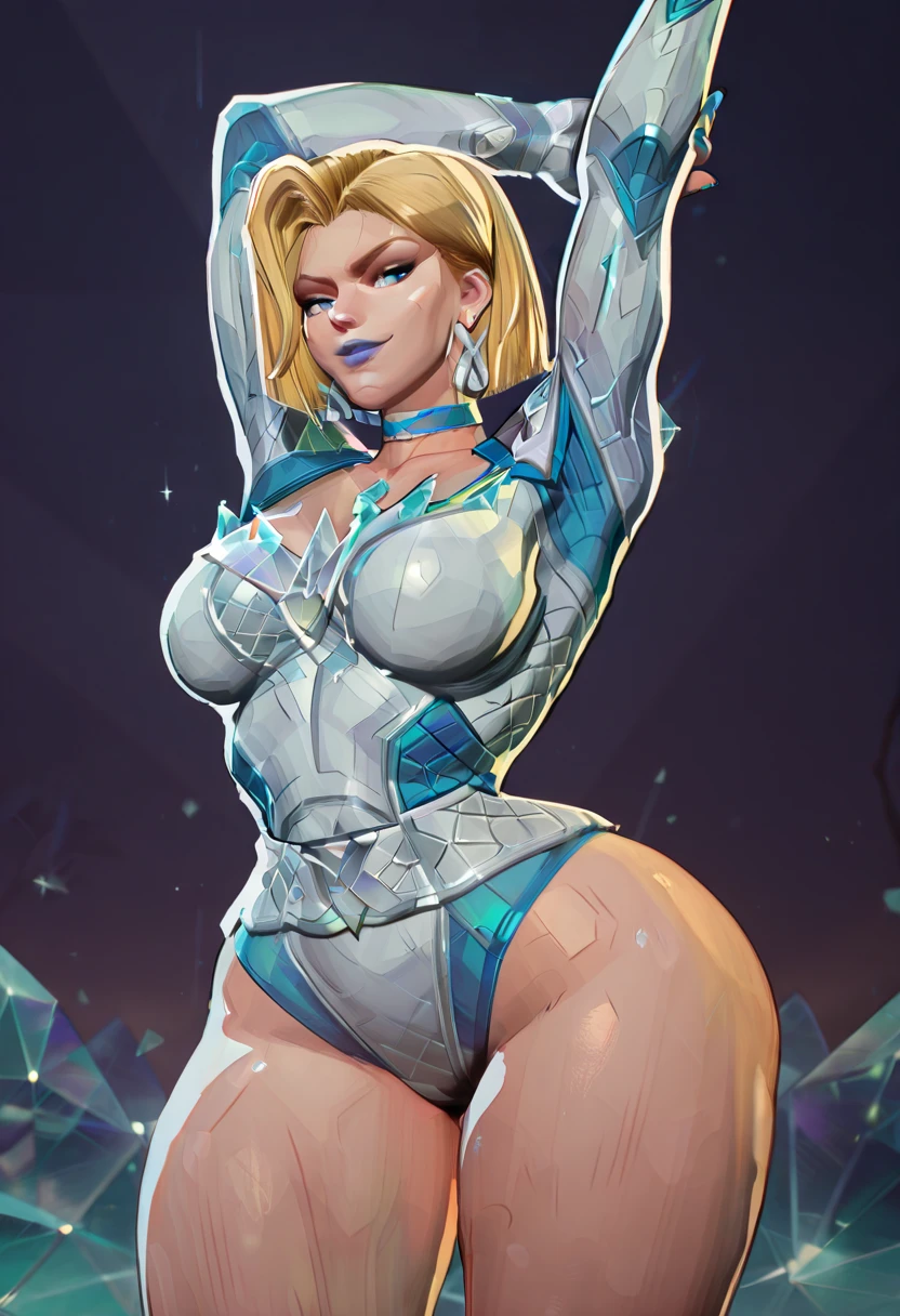 Sexy Hermaphrodite, Plump, pursed lips, freckles, Long curly black and yellow hair with bangs, Crystal blue eyes with smoky eyeshadow and black eyeliner, Black semi-matt lipstick, Dark Skin, A frivolous, proud smile, ,Full body image、Background white、Stiletto heel thigh-high boots