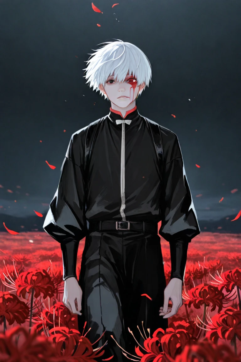 Vertical illustration of Kaneki Ken from Tokyo Ghoul, extending his hand gently toward Touka Kirishima, who stands just out of reach. Kaneki wears his iconic black outfit with his white hair slightly tousled by the wind, a soft, melancholic expression on his face. Touka looks at him with a conflicted yet tender gaze. The background is a surreal, dreamlike field filled entirely with blooming red spider lilies (Lycoris radiata), petals floating in the air. The color palette is rich in crimson, deep blacks, and soft twilight blues. Light filters through softly, enhancing the emotional tension. High detail anime style, dramatic lighting, elegant composition, cinematic atmosphere.
Aspect Ratio: 9:16 (vertical)