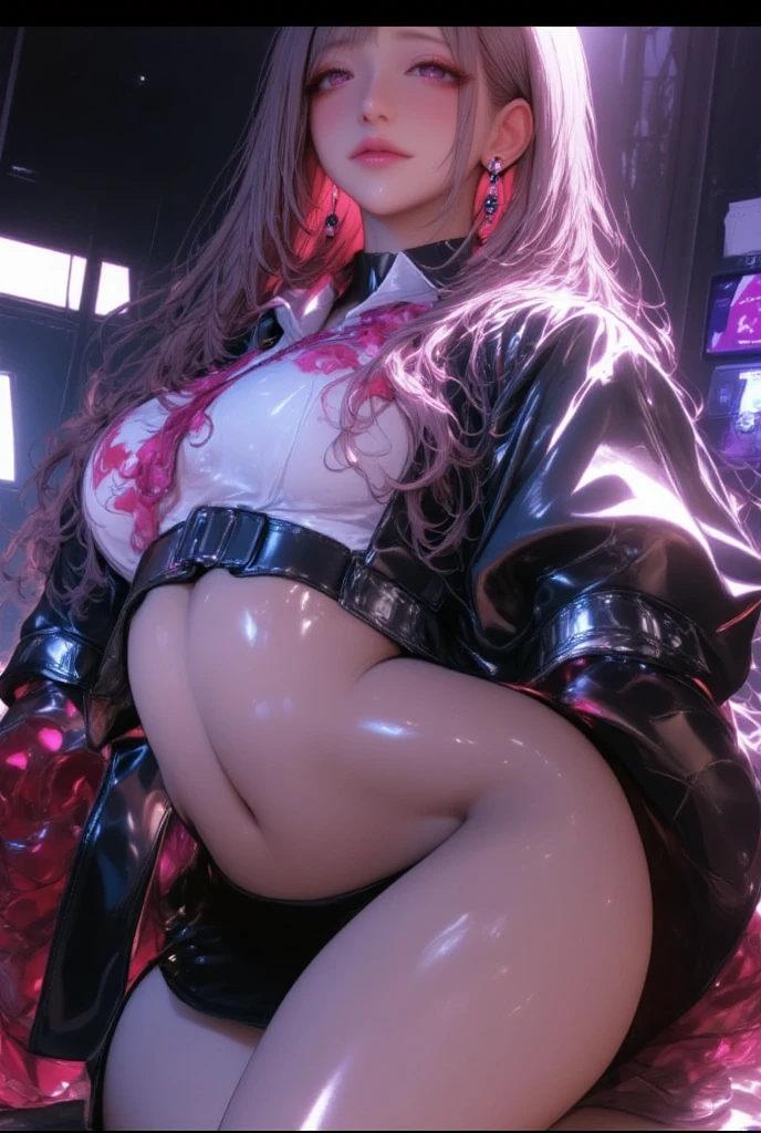 Upper body、one girl、i have blonde color、two - tone、(pink highlight hair、bun hair、jewel design tiara、jewel design tiary、super huge boobs、Very big shiny breasts、Purple leopard print glitter bra、off shoulder、coat with fur、Sparkling jewel lace decoration on the body、Leopard print lingerie、Countless glowing spheres float、heavy snow falls、in the street、look at the camera、Purple leopard print glitter pants、jewelry design garter belt、Fishnet tights、blush、white powder flies in the air、blizzardが降っています、blizzard、Sparkling snowflakes fall、The city is covered in snow、big snowman、Snow rabbit