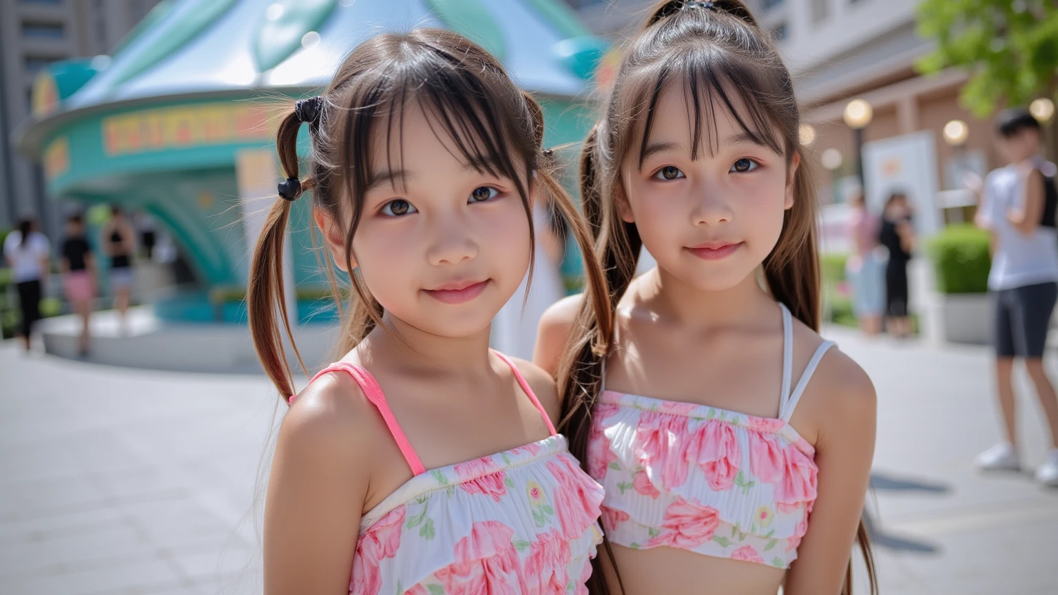A pair of kneeling sycophants beach bikini love beauty little girls