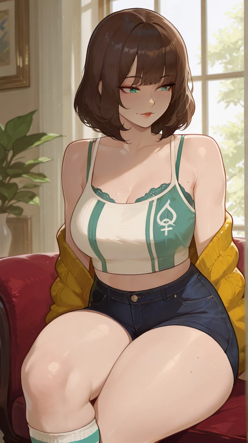 A poised woman with short, elegant brunette hair cascading down her shoulders, framing her deep emerald green top that accentuates her curvaceous figure and a precise V-neck cut revealing her ample cleavage. Her denim jeans are tucked in, with meticulous detailing on the stitches and distressed accents, enhancing her feminine allure.
Seated on a plush leather couch in an opulently furnished room, the warm ambient lighting bathes her fair skin tone, subtly highlighting her striking facial features. The room is adorned with rich textures and colors, creating an elegant and inviting atmosphere.
The scene