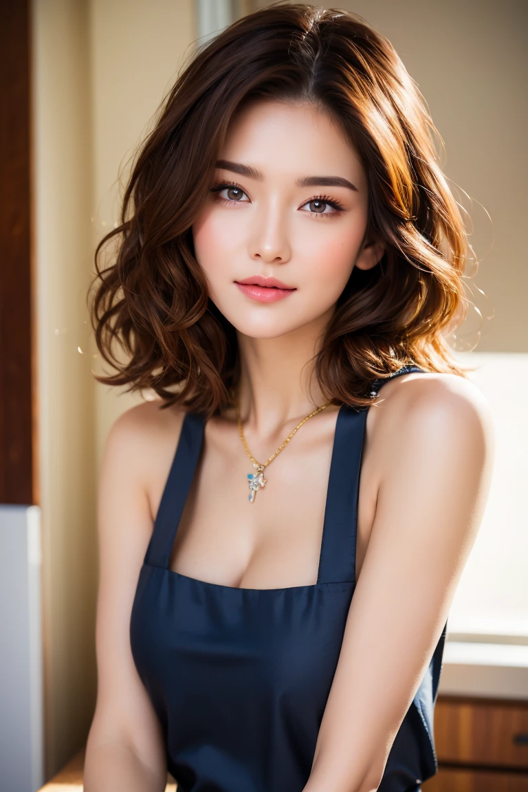 ((Highest quality, 8k, realistic photographic expression、masterpiece: 1.3))、((very lean figure、Slender body))、(((Perfectly pretty face、Detailed and sharp face、Anatomically correct、40-year-old Japanese woman、charisma)))、(Slim and toned waist:1.3),(((Large saggy breasts、Beautiful cleavage)))、((Brown short hair、Messy short hair、bangs))、((In underwear))、Perfect Makeup、((A kind smile))、Thin legs, Small face with pointed chin、Rough skin、Wrinkles around the eyes、Glowing Eyes、Long droopy eyes、necklace, (Professional cool lighting:1.3)、From the side、(Waist to head:1.2))、cool and simple wall background