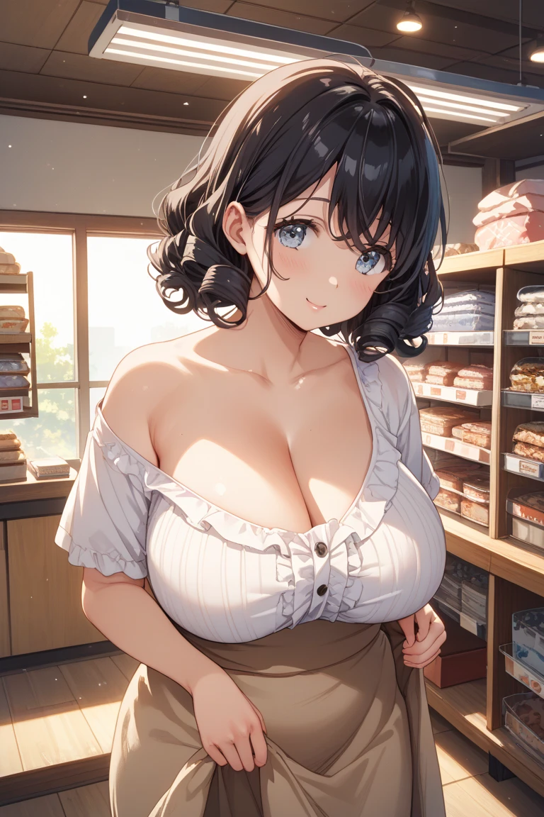 Female 26 years old,housewife,Sunlight,Smile,put on lipstick,Light brown curly short hair,A ponytail on the left,Aqua blue suspender skirt,Slightly plump,huge firm breasts,market shopping,Wearing a watch on the right hand,half moon earrings,Lace