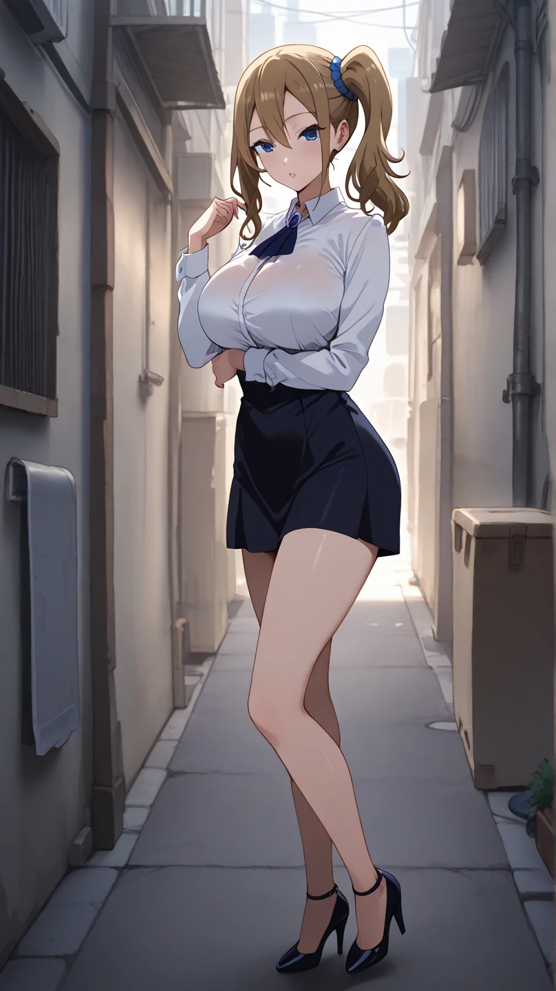 Bully student approaches me with a perverse face as I am a nerd, wearing short skirt, blonde hair, blue eyes, small firm breasts, long sexy legs, bad girl.