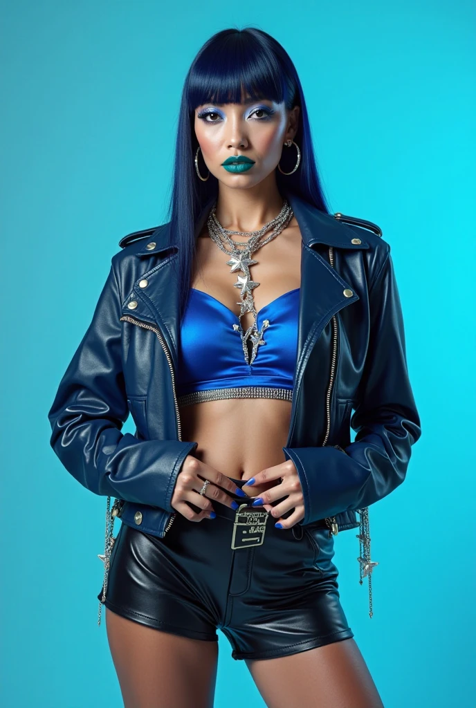 A gorgeous drag queen in made of "denim and diamonds" clothing, extravagant, couture, photo, photoshoot