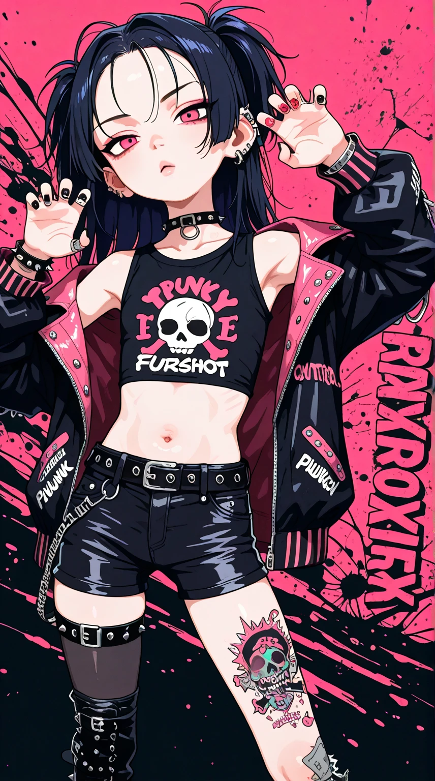 a waist length portrait of a punk girl in a leather jacket, long wavy hair with pink streaks, light brown eyes, fair skin, choker, highly detailed intricate film composition, cinematic lighting, hyper detailed, (las vegas city background: 1.2),
