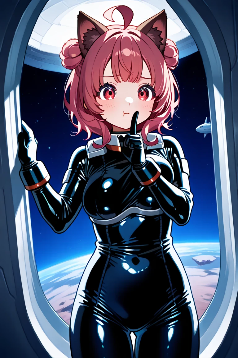 bodysuit, latex)bubble helmet, space helmet , fingering, , drooling, drooling, sweat, blushing, , looking at the audience, lying , indoors, in bed, bed, masterpiece, best quality, 1girl, solo, red eyes, tits, {{{messy hair:1.6}}}, bangs, spread legs, sitting, , short hair, theart sayings:1.2), (from below:1.5), smile,