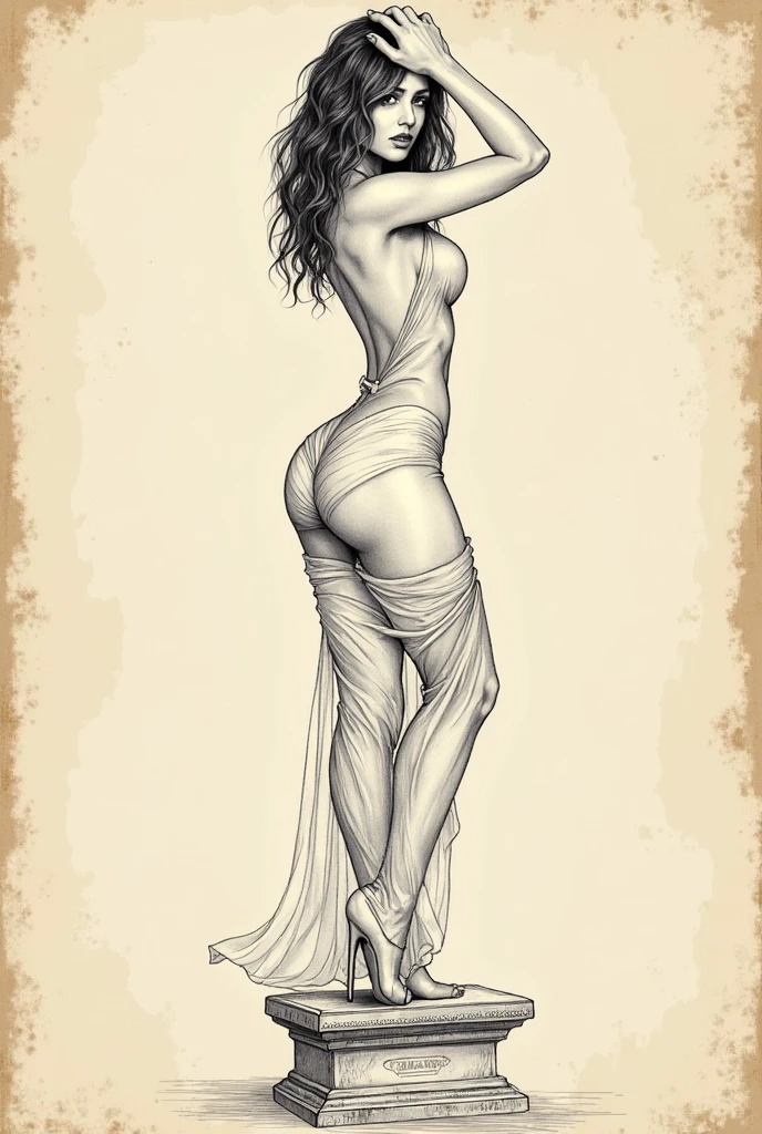 Create a line drawing in the Kulen style (Semi-realistic style) with a typical Brazilian woman with a golden skin tone of 3/with 4 angles, to make it look like a sexual innuendo
