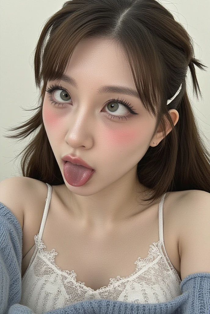 (Best Quality, 8k, 32k, Masterpiece, UHD: 1.2), Cute Japan Woman Pictures, 1 Girl, Brown Hair, (Long Straight Hair: 1.2), (Dull Bangs: 1.2), (Open Mouth and Tongue Sticking Out: 1.8), Pretty, Realistic Body, Fair Skin, Shiny Skin, Good Figure, Realistic Face, Beautiful Detailed Eyes, Drooping Eyes, Beautiful Big Eyes, Big Black Eyes, Beautiful Clear Eyes, ( Sleeping on the floor: 1.2), big breasts, floral white dress, overhead shot