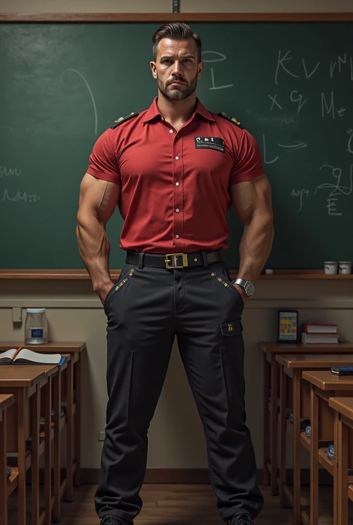 male, muscular, ((handsome face)), soft smile, looking at viewer, red polo shirt, khaki pants, brown hair, hairy arms, beard, teacher, <lora:muscle_slider_v1:4>, classroom