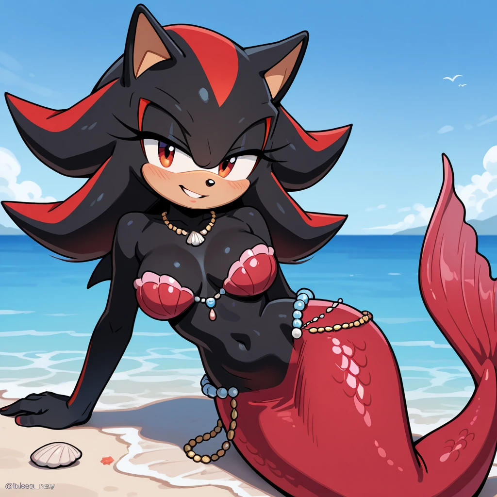 score_9, score_8_up, 2D, Beach background, looking down at herself, 1girl, very detailed, extremely detailed, ((best quality)), ((highly detailed)), masterpiece, (1girl), full body, (mermaid), fins, mermaid tail, shiny scales, (purple mermaid tail), (purple seashell bra), bra made of seashells, outside, Sonic the Hedgehog series character, female Mobian, Hedgehog, (((black fur))), portrait, puzzled expression, confused, sound lines, open mouth, (makeup), lipstick, long hair, female Sonic quills/hairstyle, Amy Rose styled hair bangs, black hair, black hair bangs, purple eyes, tan muzzle, tan arms, tan inner ears, tan chest&stomach, large breasts, one hand on head