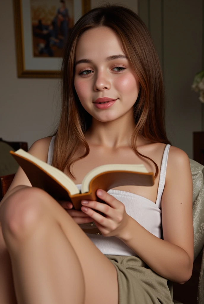 25 Jahre, mittelbraunes Haar, mit Buch, auf der Couch, 4k