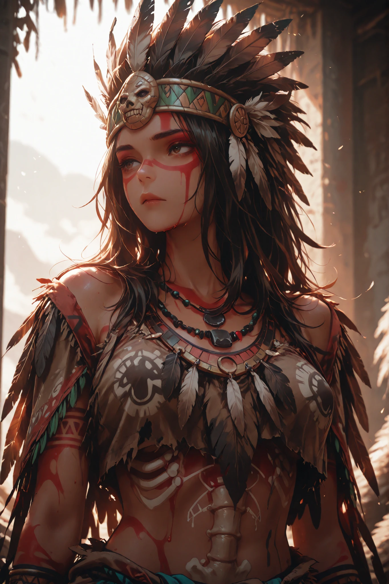 Masterpiece, top quality, high resolution, highly detailed, beautiful 30 year old Native American woman , ultra-realistic, unparalleled beauty, detailed skin texture, detailed cloth texture, beautiful detailed face, intricate details, Super detailed, indigenous feather jewelry, feather headdress, traditional handmade costume, armed female hunter warrior, Indian village, ultra-realistic, concept art, elegant, highly detailed, depth of field, professional Color grading, soft ambient light, top quality, high resolution, photorealistic, 8K, masterpiece, attractive woman,