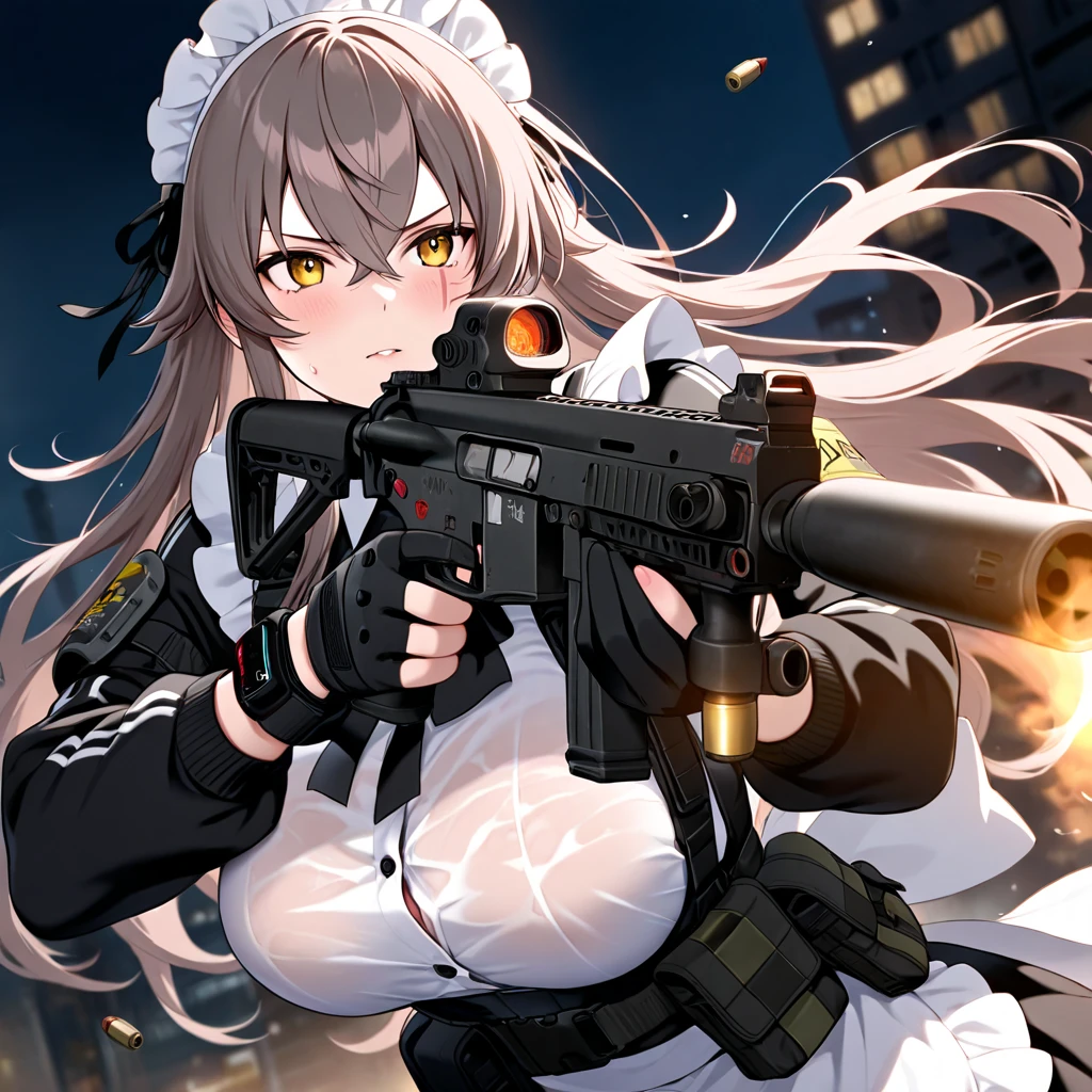 <lora:hexDStyleLORA_hexd1:0.6>, masterpiece, best quality,((mature female)),((mature)),(((solo))), (black hair), (ponytail), yellow eyes, (age up),,eye shadow,latex,(maid), (maid headdress),white thighhighs,(no emotion),(emotionless),lens flare, depth of field, (wide shot, fisheye:0.85),(holding weapon, holding rifle,aiming,aim:1.2), gun, h&k hk416, carbine, open fire, firing,<lora:HK416-v2-000014:1>