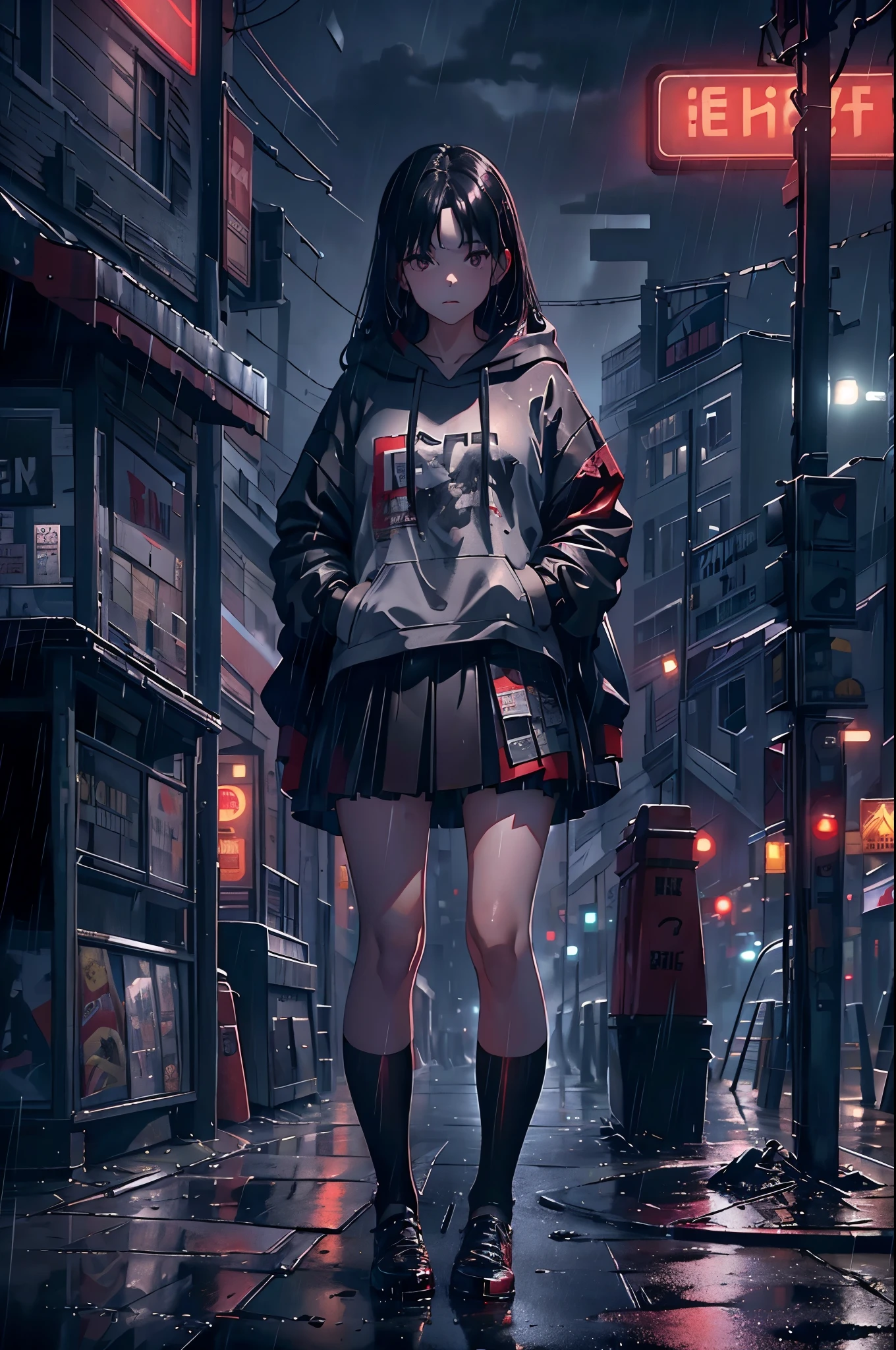 A young woman runs frantically down a dimly lit alley, her face contorted with fear. The narrow passage is lined with grimy brick walls and overflowing trash cans. Behind her, a menacing figure in a dark hooded jacket, holding a gleaming knife, is in pursuit. The woman's disheveled hair whips around her face as she glances back, her feet splashing through puddles on the rain-slicked ground. Neon signs from nearby buildings cast eerie, flickering lights, creating long, sinister shadows that stretch across the alley., Pen Draw