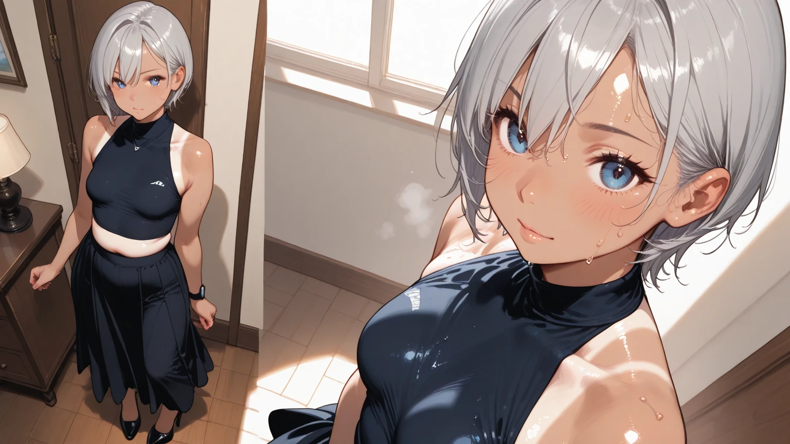 (1 girl),NSFW,full shot,横から見たfigure,(((platinum hair))),(sweating:1.4),(realistic:1.5),photorealistic, (nordic、Europe、Thailand、chinaese girl), octane rendering,(hyperrealistic:1.2),thick thighs,wide hips,slim waist,huge thighs,sitting,on the bed, (perfect logic female figure),(skin dents:1.3),(photorealistic face:1.2),(medium breasts:0.8),thick eyelashes,long eyelashes,(skin dents:1.3),highest quality, (fascinating look:1.3), indoors,dynamic pose, parted lips,looking at the viewer,sharp focus,(8K), (4K),(grin,eyebrows raised),((Short back hair)), (masterpiece), (highest quality),  fantasy,very detailed, Complex, very detailed, (perfect face), figure,soft lighting,(specular lighting:1.4),sharp eyes,blue eyes, (logic:1.2), black sleeveless turtleneck sweater,earrings,gem,