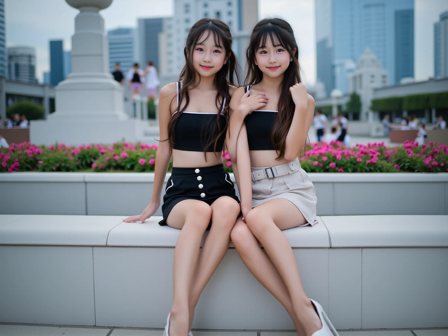 Highest quality、masterpiece、、Very detailed、Realistic、(Two Girls)、(Looking at me with a smile:1.5)、whole body、Small face、Narrow shoulders、(Big Breasts:1.4)、Thin and beautiful legs、Tight and slim waist