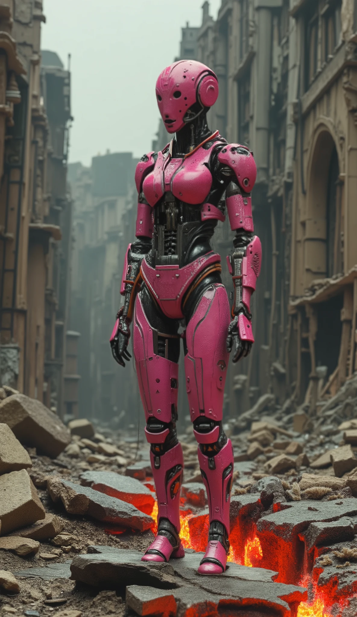 A pink female android stands in a desolate, ruined city. Lava flows through cracks in the decaying stone buildings. The android is highly detailed, with visible mechanical joints and a sleek, futuristic design. The scene is moody and atmospheric, with a grey sky and a sense of post-apocalyptic destruction. The contrast between the vibrant pink of the robot and the dark, ruined environment is striking.
