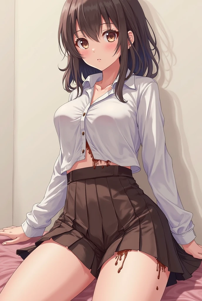 (Tabletop, Highest quality, High resolution, , Pixel perfect, 4K,), 1 Girl, single, alone, Beautiful woman、I could see the whole body、 ((Wavy mid-hair, bangs, Brown Hair)), ((Brown eyes, Beautiful eyelashes, Realistic eyes)), ((Detailed face, blush:1.2)), ((Smooth texture:0.75, Realistic texture:0.65, Realistic:1.1, Anime CG Style)), Medium chest, Dynamic Angle, Perfect body, ((, female teacher, , Earrings、necklace、White collared shirt、Shirts without buttons、、Black knee-high stockings、Spread your legs wide、、A shy smile、Sit on the floor、Leaning forward)), Superior、、、evening、、(White and pink lace panties and bra are visible、、(Bring your chest and arms closer together、)、Angle from below)、