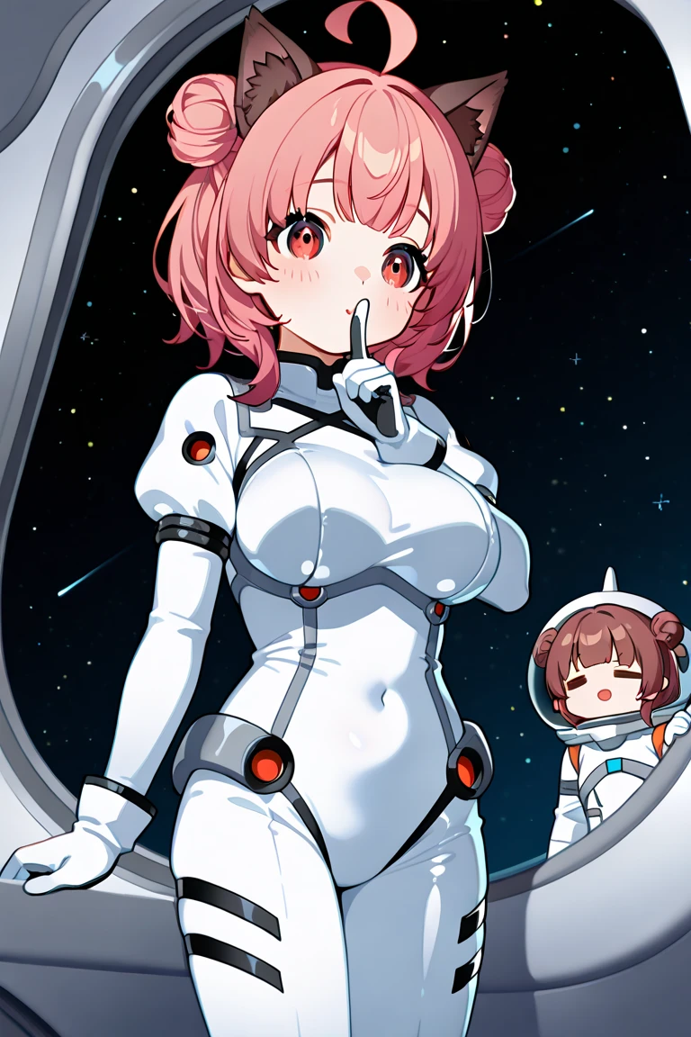 (spacesuit:1.15), white cargo pants, astronaut)bubble helmet, space helmet , , looking at the audience,\ indoors, masterpiece, best quality, 2girl, two girl, tits, , ,, short hair, , red eyes, from side