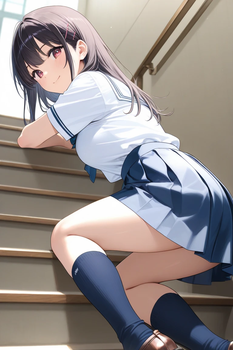 primary school girl, 8 years, flat chest, black fur, wide, purple eyes, embarrassed expression(One Person) White sailor suit on top half., navy blue miniskirt on the lower half white panties((I can see her panties))white socks taking off her panties knee-length panties dynamic angle low angle