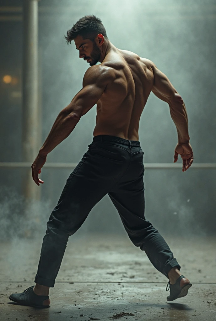 A male dancer holding or wearing a mask with two sides—one side representing traditional masculinity (for example, a stern and rough face) and one side that is softer and more expressive. The alternative, the dancer's shadow can reflect different sides of masculinity, as if he had overcome or come to terms with his dark side