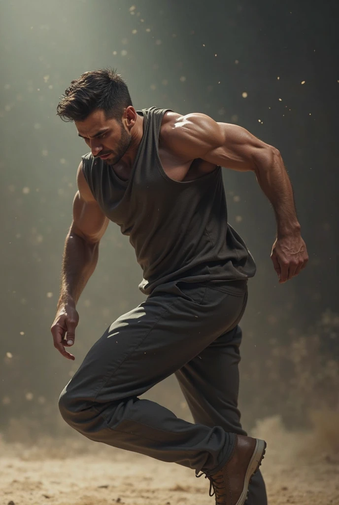 Young barefoot muscular rusty himbo boy with hot libido, street fighter. Trains on an abandoned outdoor sports ground. Sweaty athletic trained body with steam coming from it. Brown eyes, very short brown sweaty hair. Unbuttoned black blue ripped sleeveless sports jacket, black worn sweaty sweatpants. A pose showing dirty sweaty bare feet and heels. full height