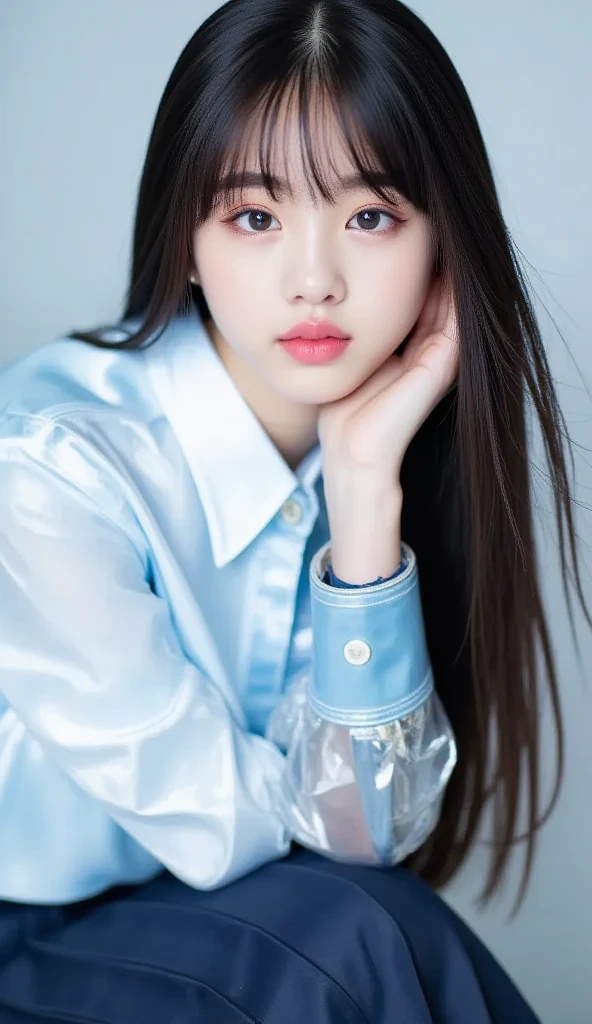Highest quality,26 years old,woman,blunt bangs,Black Hair,Soft wavy hairstyle,With big eyes、Deep blue,Bright、Has a lively expression,Healthy and bright skin tone,Small mouth,Thick lips,flom below,whole body,Big Breasts,The thighs are a little thicker,Looking at the camera,Cinema Lighting,No eye shadow needed,White shirt,The chest area is wide open,