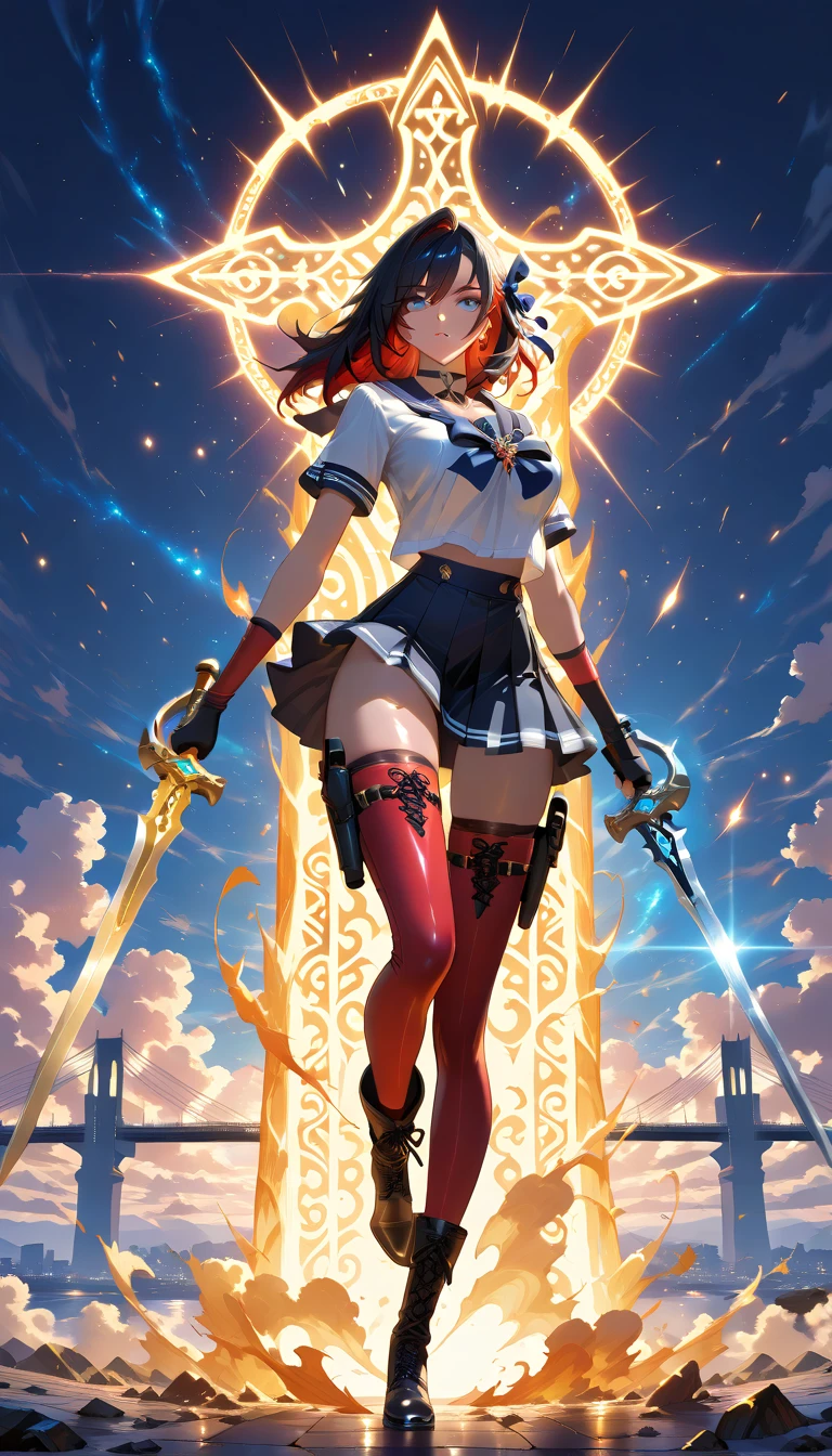 ((Mejor calidad)), ((Obra maestra)), (detallado), full body, cara perfecta, tall girl, brown hair, twintails,  red eyes, beautiful smile, full black mechanic armour, large boots, magic staff, large blue lake.
 