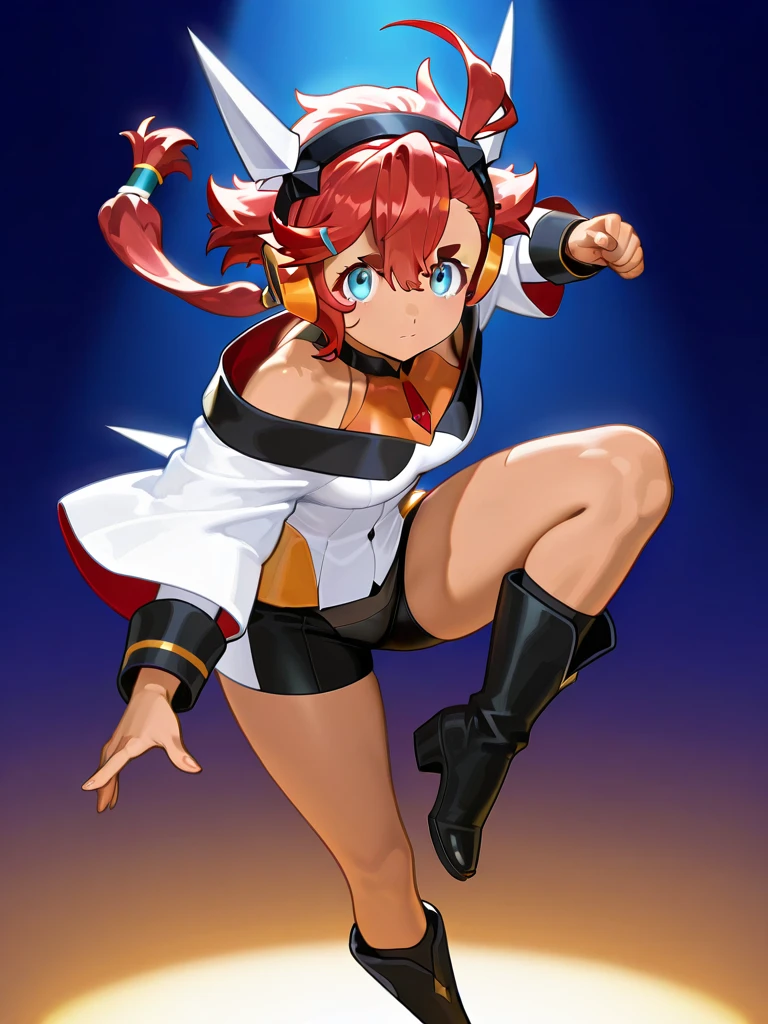 android, beautiful robot, short pigtails, brown hair, Hair tie with two big red clothespins, big smile, brown hair, middle age, joint seam, blue eyes, full body figure, Height: 160cm, Light beige micro mini dress, fluttering skirt, skirt folds, white retro swimwear, Uplifting, 2020s anime style, 21thcentury japan animation, show White pantie.