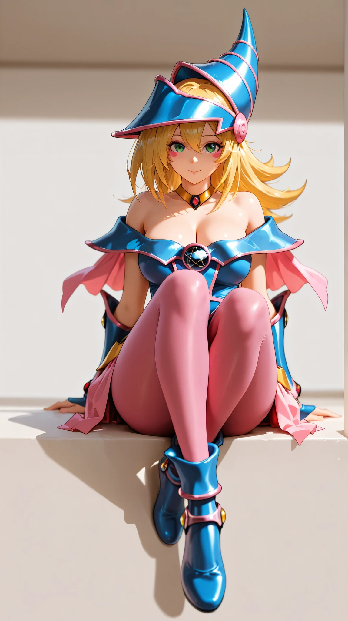 full body:1.0, Dark magician girl, dark magician girl outfit, blue flats shoes with pink bow, shoeplay:1.0, shiny dense pink pantyhose:1.0, long eyelashes, fine fabric emphasis, photorealistic details, perfect face, detailed face, detailed eyes, depth of field, volumetric lighting, masterpiece, ultra-detailed, creative background, nylencased:1.0