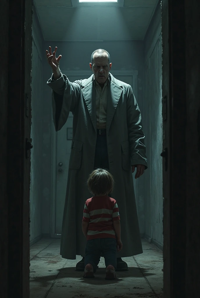 Father scolding a his thin weak introvert nervous coward son. The boy is breathless as he climbed 17 floors. The background is an apartment of an old building. It is a apartment of an old building 