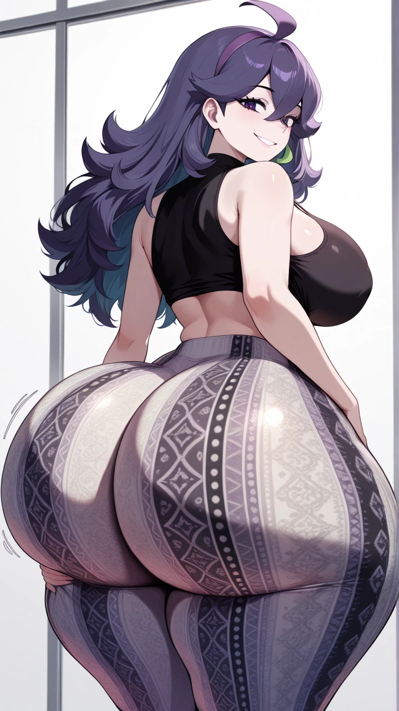 best quality, masterpiece, highres, solo, {dehya_genshin:1.15}, multicolored_hair, long_hair, bangs, blue_eyes, streaked_hair, dark-skinned_female, dark_skin, blonde_hair, black_hair, hair_between_eyes, jewelry, crossed_bangs, halterneck, earrings, animal_ears, breasts, criss-cross_halter, smile, brown_hair, navel, big stomach, hair_intakes, 1 mature female, looking_at_viewer, midriff, gloves, massive_breasts, black_gloves, fingerless_gloves, bare_shoulders, ((big belly, massive belly, chubby, vore belly, fart, back view))(((((fart, tane, close eyes, happy)))))