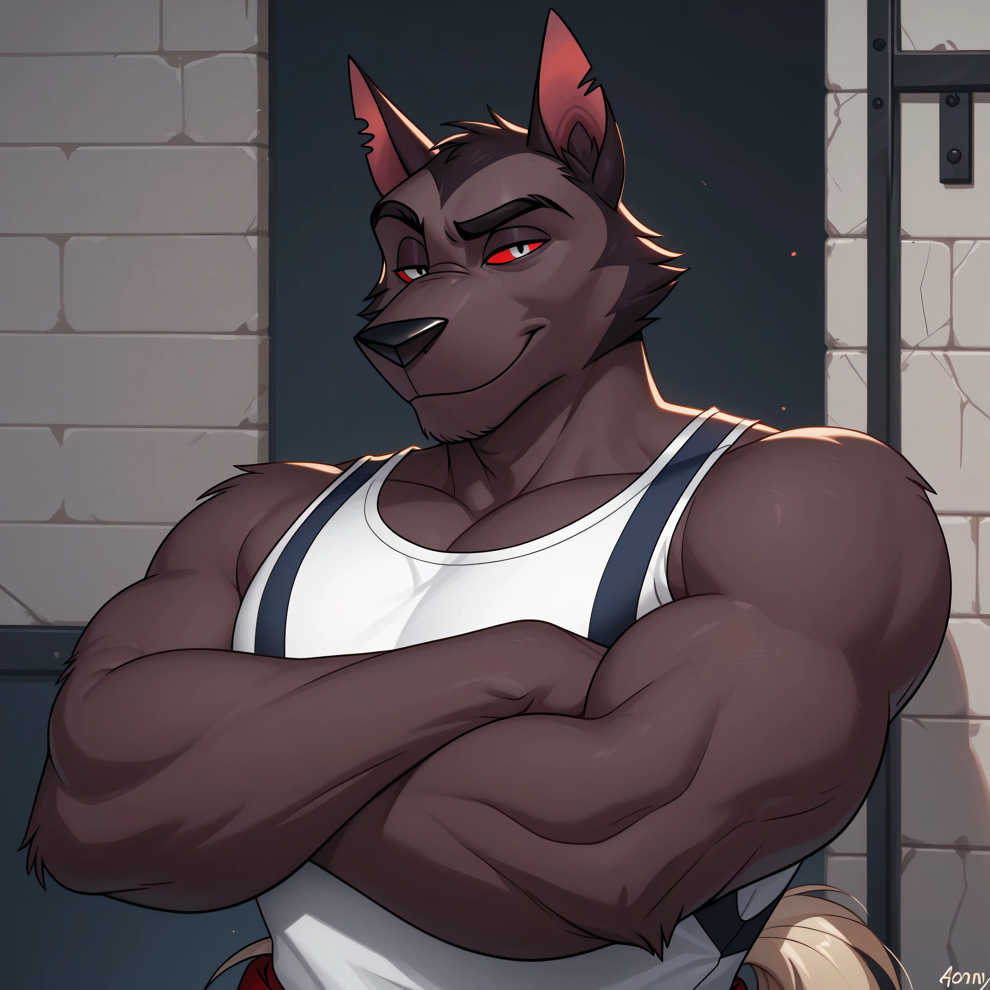 Toned muscular werewolf urinates on a hallway wall with relief face and is naked