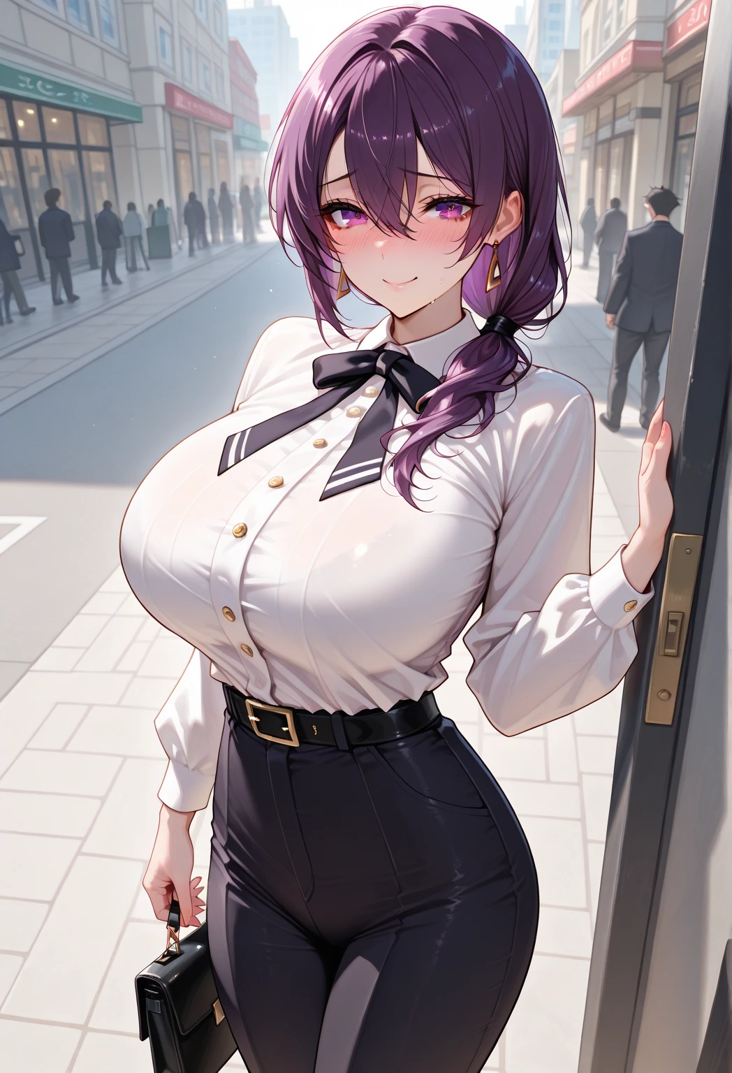 corpo bonito, rosto bonito, 3 garotas juntas, garota mais velha, cabelo roxo claro, olhos, Neck strap, ombros, CAMISA BRANCA COM GRAVATA, SAIA CURTA, half pants, peito grande, barriga, cintura fina, pernas grossas, coxa grossas, random background scenario, olhando para telespectador