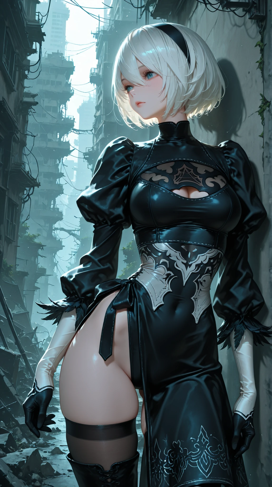Camera from the sky, (((In the middle of the battle:1.5))),, forest, Remains, waterfall, Half naked, Nudie, Erotica, Camera from below, Frame from below, Shapely legs, Grey Bob, Grey Hair, Her eyes are covered with bandages, , Short skirt black dress, Black short skirt, skirt covers the buttocks, Chest neckline, White panties, Black Stockings, Black high boots, High heel boots, Very very beautiful, Small and firm ass, Slim figure, full length(Bodyful 1.1),Nier Automata 2b,Glowing Skin, City in Ruins, City, overgrown with plants, Remains, Official illustrations with attention to detail, ((Beautiful Fantasy Girl)), break (Master Parts: 1.2), Highest quality, High resolution, Photorealistic, Photogenic, unity 8k wallpaper, (Illustration: 0.8), Highly detailed face, Flawless照明, Highly detailed CGI , (Flawless腕, Flawless解剖学), Flawless胸を持つ, Beautiful Face, Master Studies, Intricate details, Realistic details, anime, (Based on Nier Automata) Flawlessボディ, Flawless, Flawlessディテール, Ultra HD |, 8k, Professional photos, animeスタイル2B,Cinema Lighting(Torn Costume:1.4,