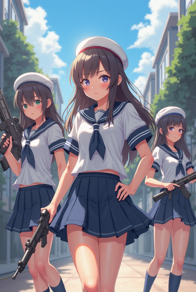 multiple girls, 3 girls, school swimsuit, sailor collar, clone girls, high socks, loafer, holding gun