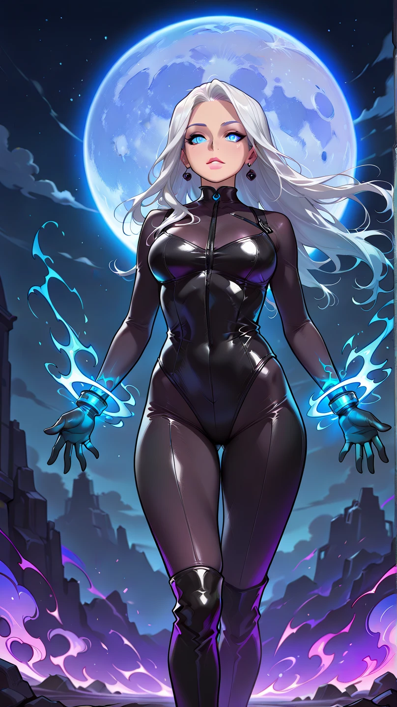 Best quality, masterpiece, highly detailed, Sexy female demon, black background, blue energy magic, blueglowing eyes, pale skin, dynamic pose, kawaii, fit build, gorgeous perfect face, in the style of realistic and hyper detailed renderings, zbrush, hyper realistic oil, contoured shading, dark scene, darkness, cleavage, huge breasts, slim waist, solo,