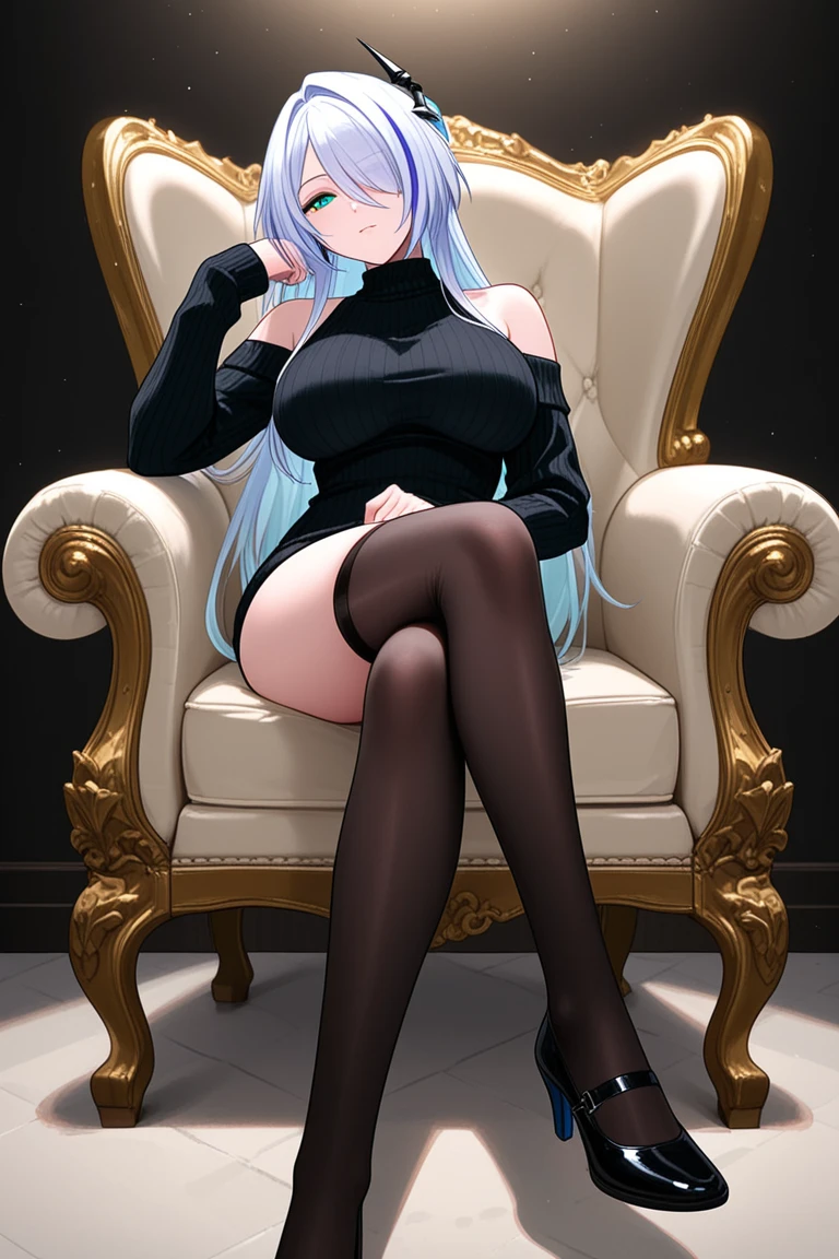 young girl, Long white hair with blue strands, blue eyes, high ponytail, Black blue dress, Gold Elements, bare back, Sits, foot on foot, ssmile, Masterpiece, hiquality