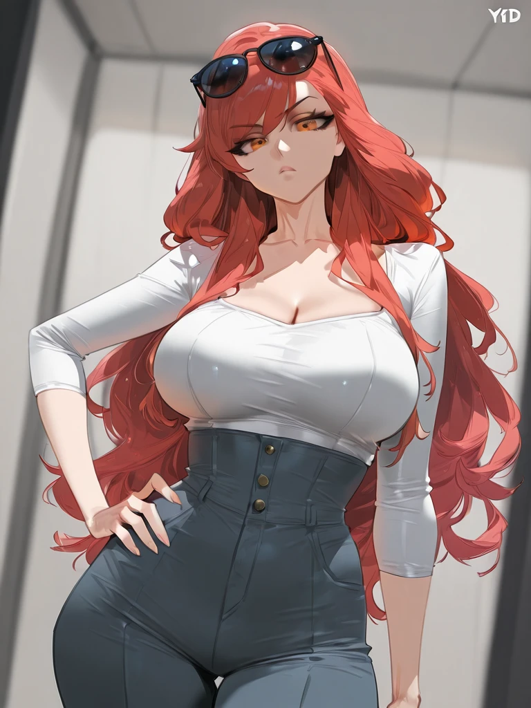 (masterpiece, top quality, highest quality, official art, beautiful and aesthetic: 1.2), (one girl), very detailed, colorful, highest detail,
, teacher, red-haired, long-haired, lipstick, makeup, purple-eyed, perfect eyes, earrings, shirt, jacket, black thighs, garter belt, absolute area, pencil skirt, uniform,
jewelry, hands on the chest, see-through, look at the beholder, hair ornament, choker, shy,
(Big: 1.2, upper body, from bottom, camel toe,) white panties, skirt lift,
city, street, leaning, wall, sun, cloud,