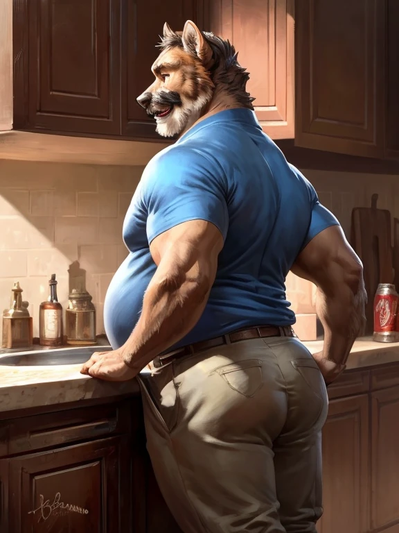A strong chubby guy, cooking, ginger hair, chin beard, apron on, shy expression, shirtless, alone, ((side view))