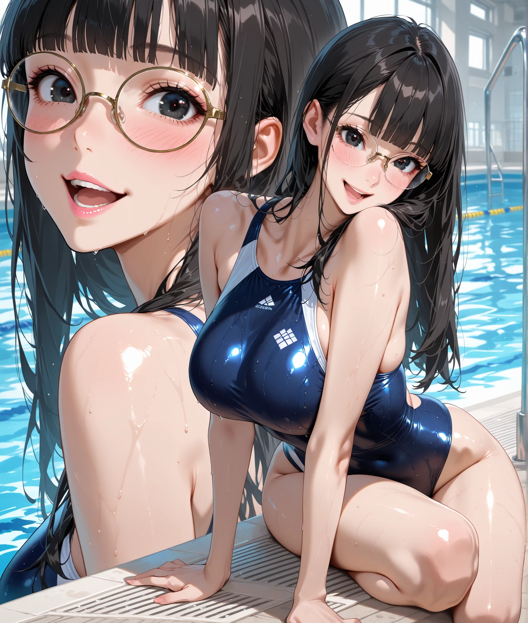 (masterpiece,highest quality,超A high resolution),japanese woman, (((Very beautiful 25 year old girl))), pretty girl、look at the photographer､  ((beautiful low ponytail)), super cute face, glossy lips, double eyelids in both eyes,natural smile、 natural makeup, long eyelashes, Shiny and smooth hair､center image,  perfect limbs, perfect anatomy,(((navy blue school swimsuit)))、((See-through)),Sweat,,pool